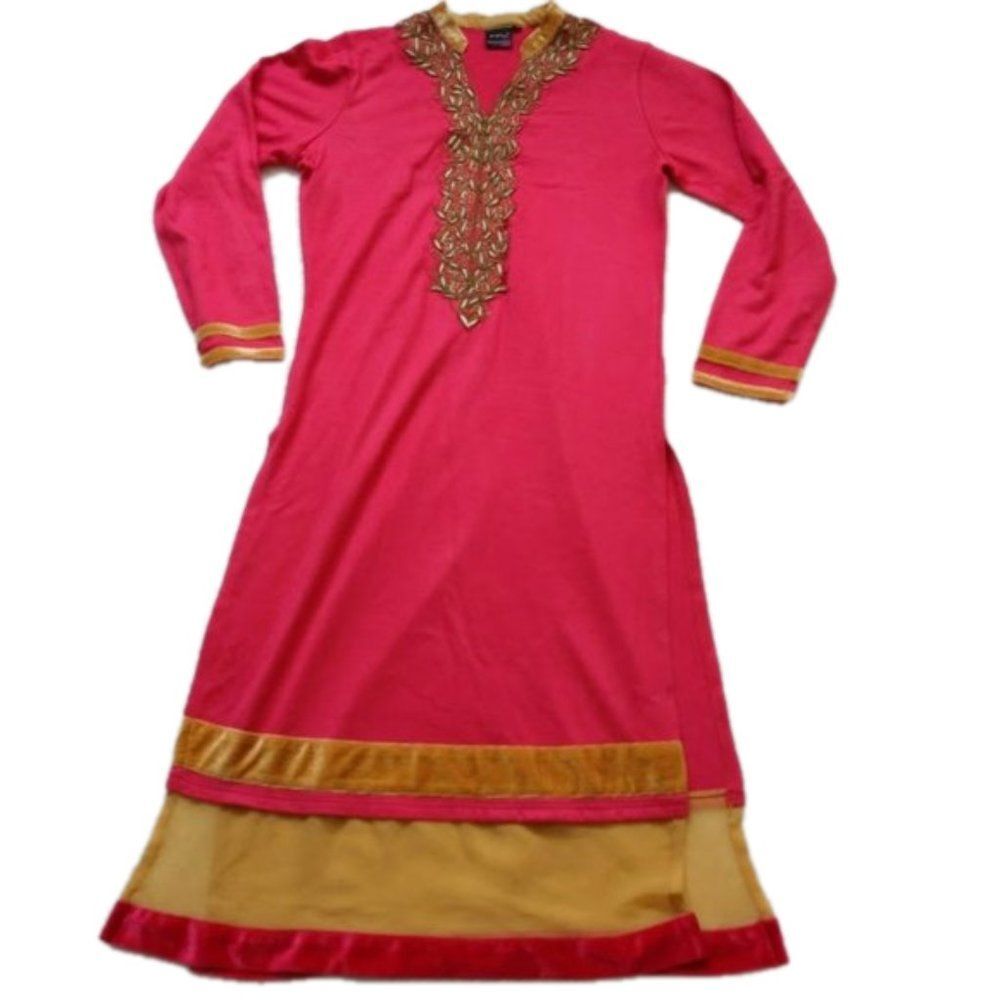 FFU Tunic Knit Dress Velvet Beading Kurta Formal South Asian India Embroidered
